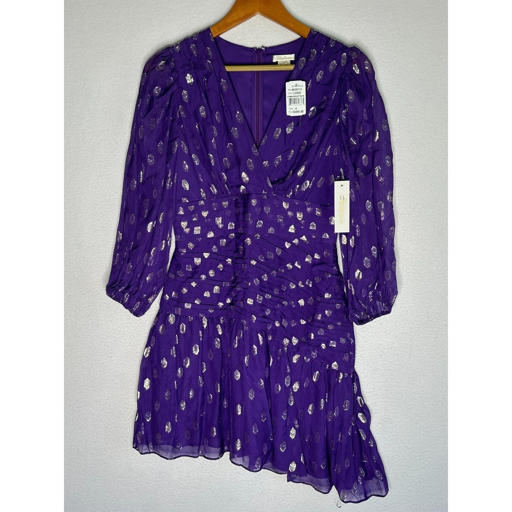 Shoshanna Ultraviolet Gold Metallic Long Sleeve V Neck Dress 4 8839713